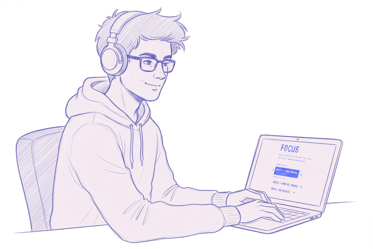 Listener with headphones working at a laptop, distractions held outside the circle